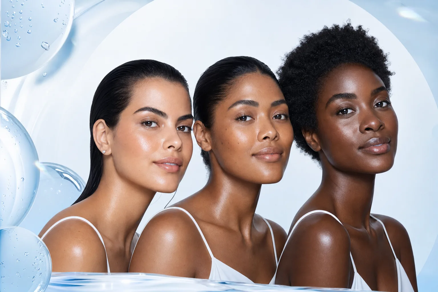 Pessoas com diferentes tons de pele, todas com pele luminosa e saudável